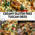 Creamy Tuscan Chicken Orzo served in a skillet with spinach, tomatoes, and a creamy sauce for a Family Friendly Dinner.
